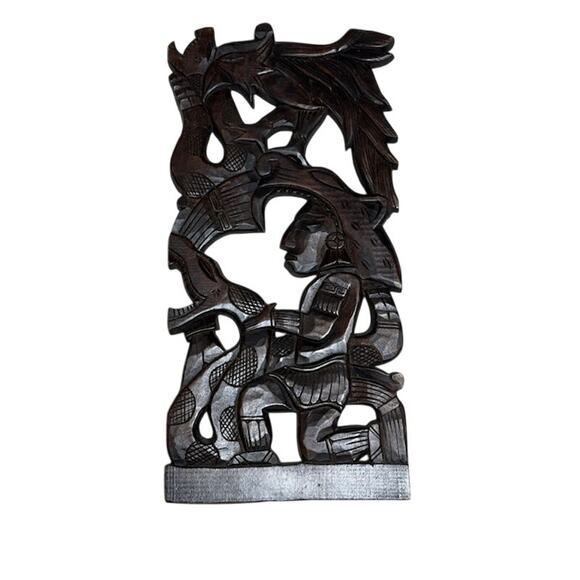 Vintage Mayan Aztec Handcarved Wood Wall Panel 19" by 10" - Picture 1 of 3